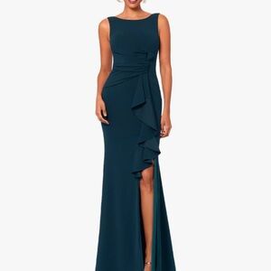 Betsy & Adam Women's Long Sleeveless Boat Neck Ruffle Side Slit Scuba Crepe Gown
